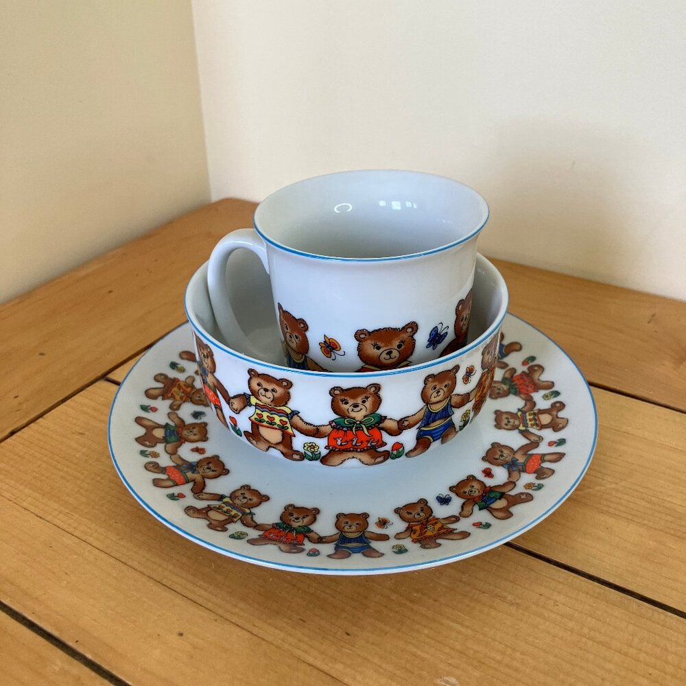 Teddy Bear Picnic Ceramic Bowl Mug Saucer Interpur Japan 3pc Set Childrens Dish